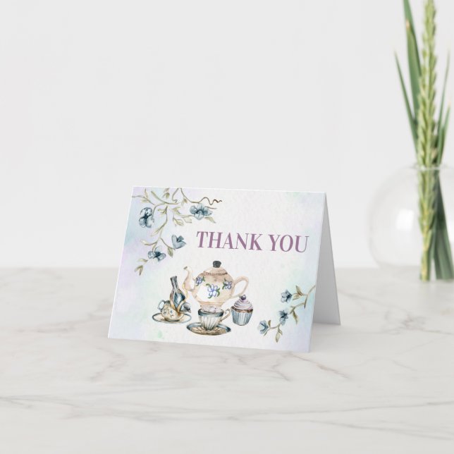 Bleu fleuri thé fête nuptiale carte de remerciemen (Devant)