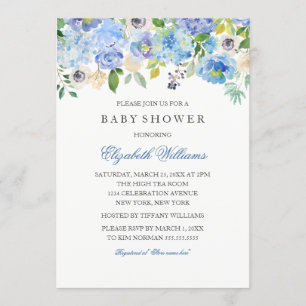 Bleu Floral Aquarelle Boy Baby shower Invitation