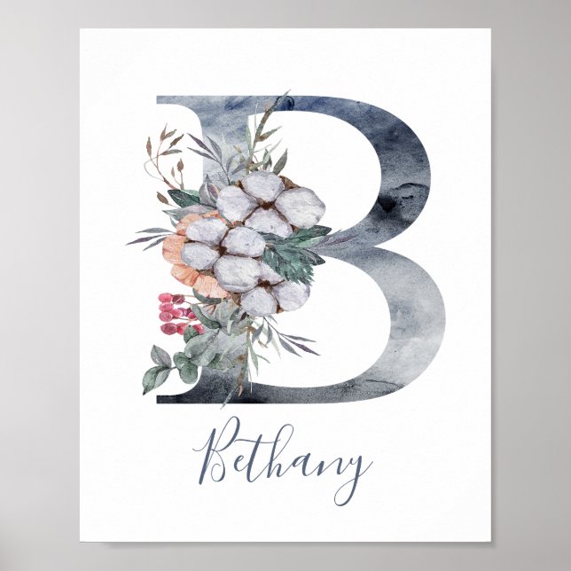 Bleu Floral Aquarelle Monogramme B Nom Poster (Devant)