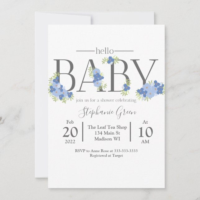 Bleu Floral Bonjour bébé - Invitation douche (Devant)