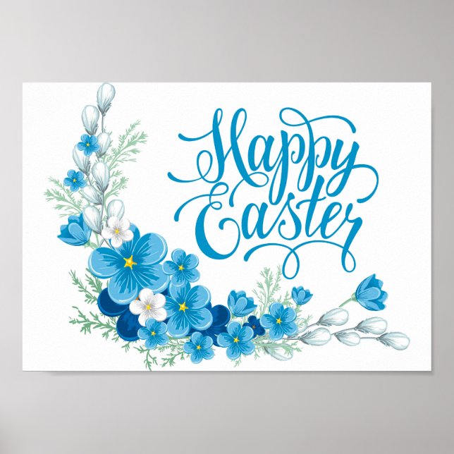 Bleu floral Bonne affiche de Pâques (Devant)