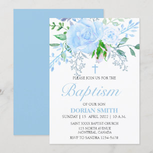 Bleu Floral Boy Invitation Baptême