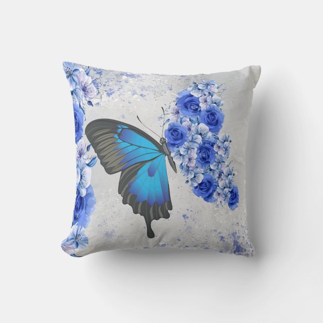 Bleu Floral Carré Coussin (Recto)