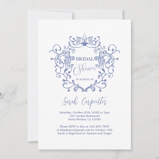 Bleu Floral Crest Invitation à la douche nuptiale (Devant)