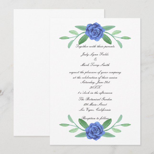 Bleu Floral Faire-part de mariage de feuillage (Devant / Derrière)