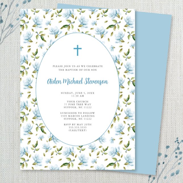 Bleu Floral Grandmillenial invitation baptême (Créateur téléchargé)