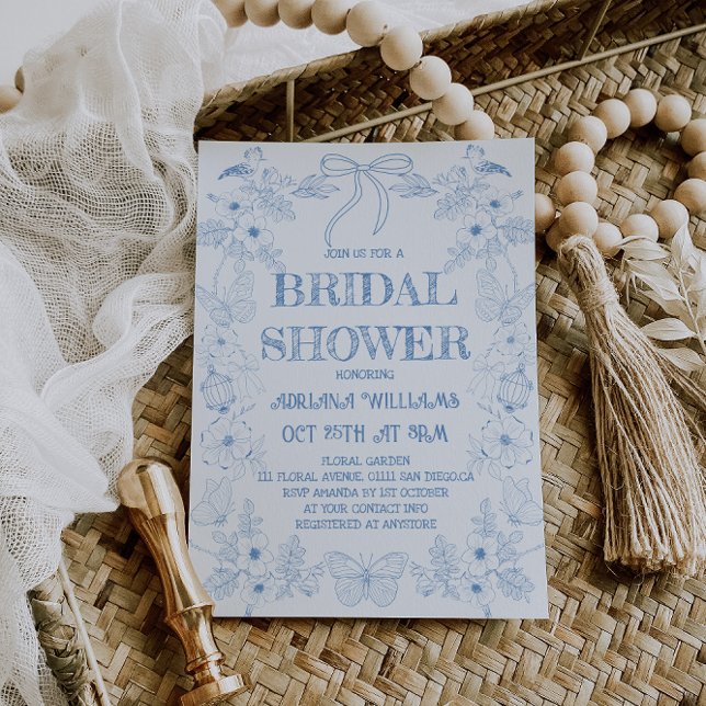 Bleu Floral Toile Bow nuptiale douche Invitation (Créateur téléchargé)