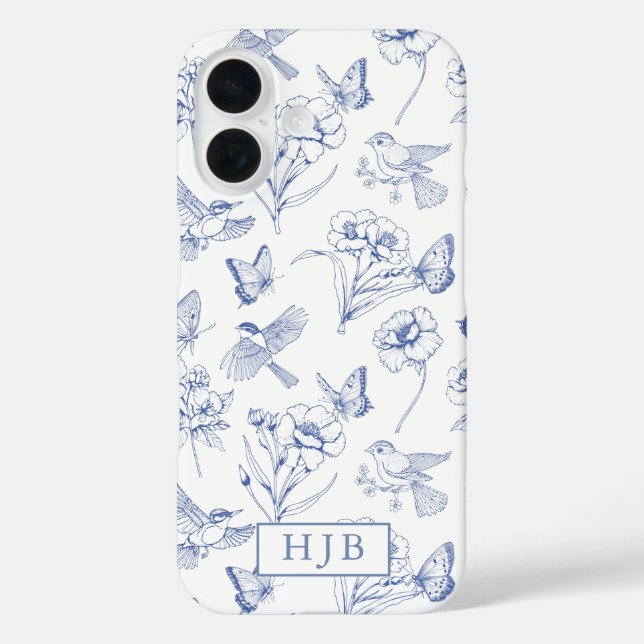 Bleu Floral Toile Papillon Monogramme coque iphone (Verso)
