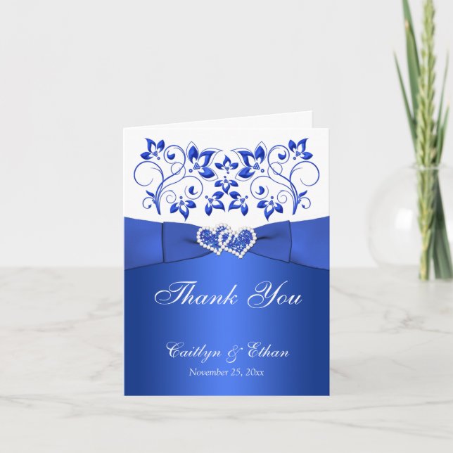 Bleu, Flore blanche, Coeurs Mariage Carte de remer (Devant)
