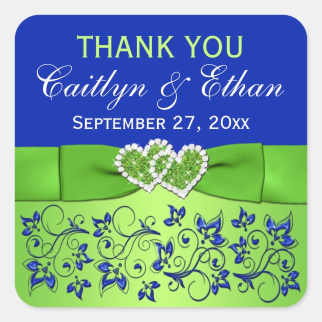 Bleu, Flore verte, Coeurs Mariage Favor Sticker (Devant)