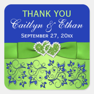 Bleu, Flore verte, Coeurs Mariage Favor Sticker