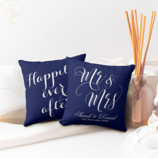 Bleu foncé Blanc M. & Mme Mariage Keepsaké Coussin