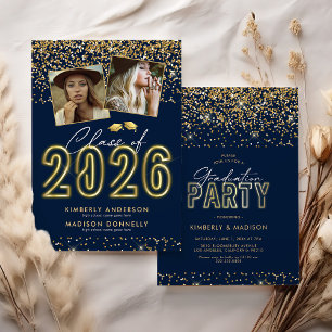 Bleu Gold Double Graduation Party Invitation