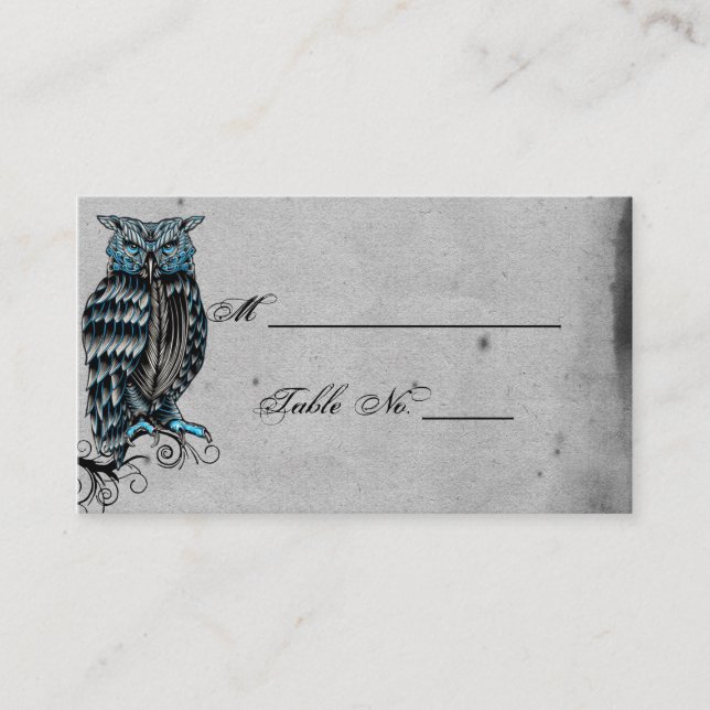 Bleu gothique Chouette Posh Mariage Cartes de lieu (Devant)