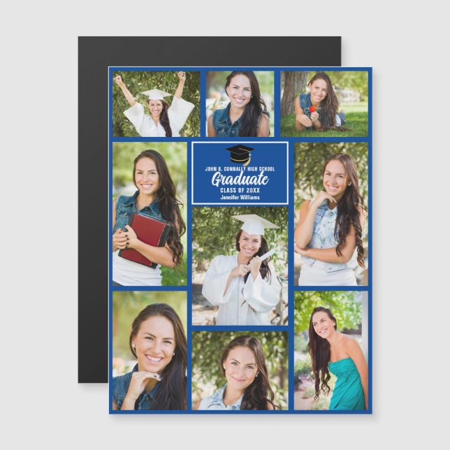 Bleu Graduate Photo Collage Graduation Magnet Card (Devant / Derrière)