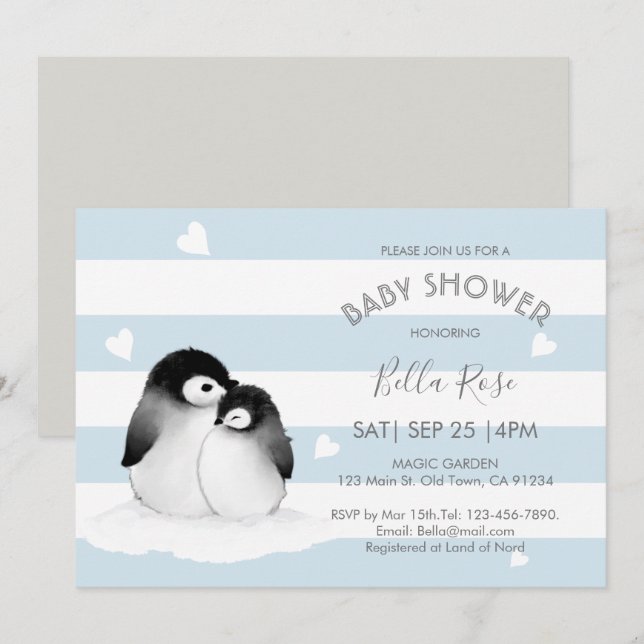 Bleu Gray Penguin Bébé Douche Invitations (Devant / Derrière)