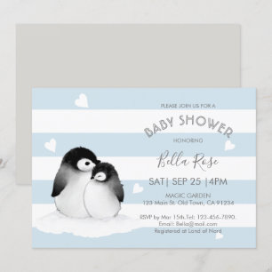 Bleu Gray Penguin Bébé Douche Invitations