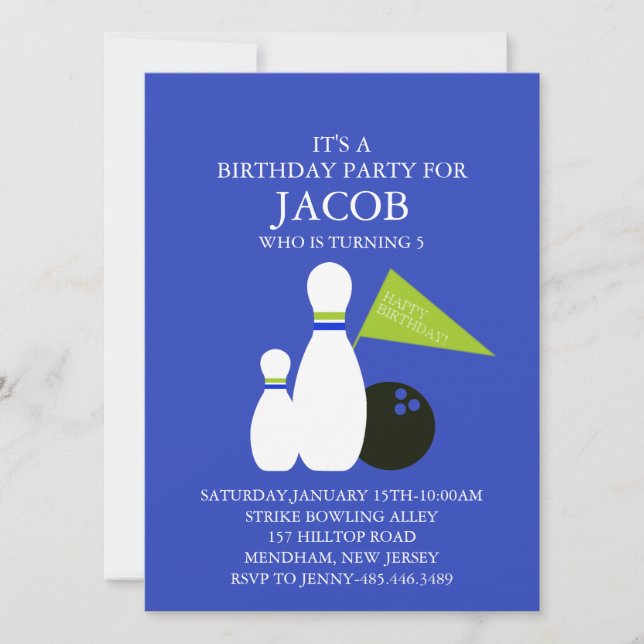 Bleu & Green Bowling Party Anniversaire Invitation (Devant)