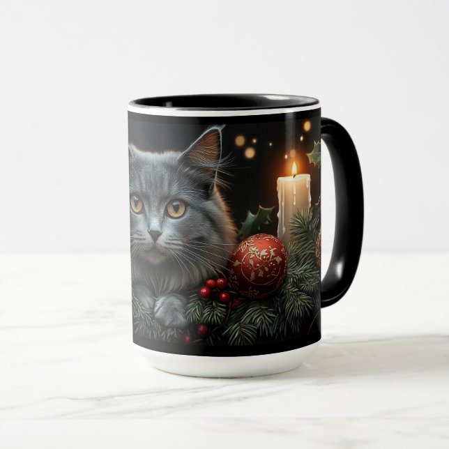 Bleu-gris Amoureux de les chats de Noël Mugs cadea (Devant droit)