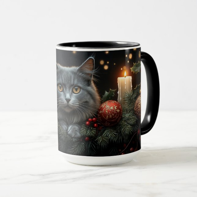 Bleu-gris Amoureux de les chats de Noël Mugs cadea (Devant droit)