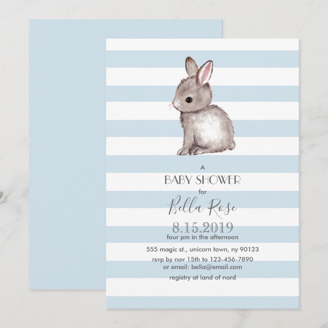 Bleu gris lapin bébé invitations de douche bébé (Devant / Derrière)