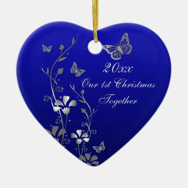 Bleu, gris Notre 1er Ornement de garde de Noël (Devant)
