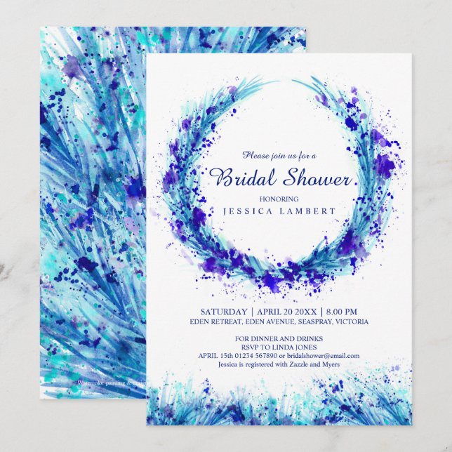 Bleu herbe aquarelle splash nuptiale invitations (Devant / Derrière)