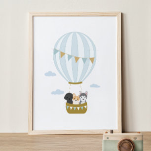 Bleu Hot Air Balloon Chiens Coiffure Poster