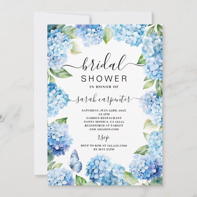 Bleu Hydrangea Invitation à la douche nuptiale (Devant)