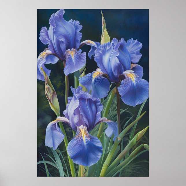 Bleu Irises Fleur Art Imprimer Poster (Devant)