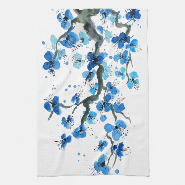 Bleu japonais fleurs serviette de cuisine (Vertical)