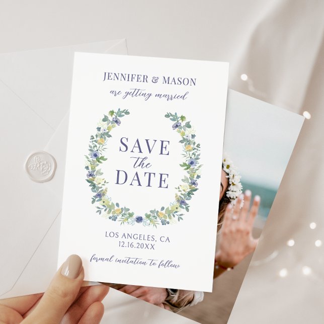 Bleu jaune floral Enregistrer la date invitation p (Créateur téléchargé)