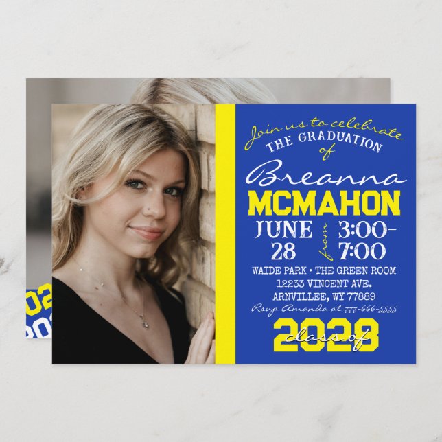 Bleu & Jaune Graduation 2 Photo Invitation (Devant / Derrière)