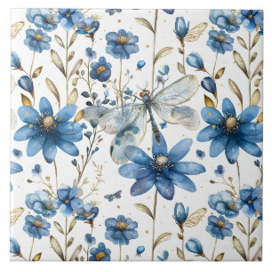 Bleu libellule et fleurs Carreaux de céramique fle