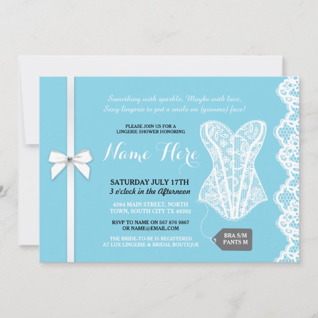 Bleu Lingerie Douche Invitation Dentelle fête nupt (Devant)