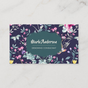 Bleu marine - Carte de visite de fleurs élégantes