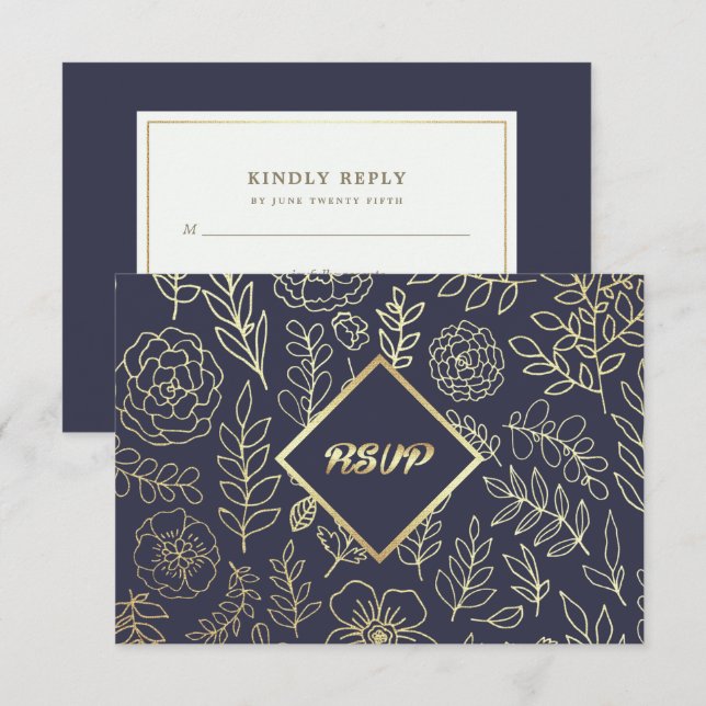 Bleu Marine | Carte RSVP de mariage Gold Floral (Devant / Derrière)