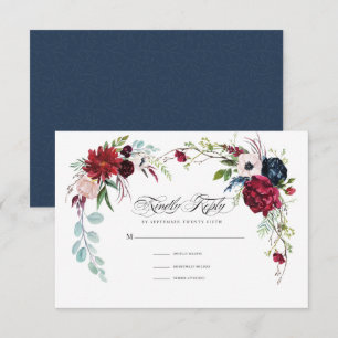 Bleu Marine Carte RSVP Mariage Floral Bourgogne