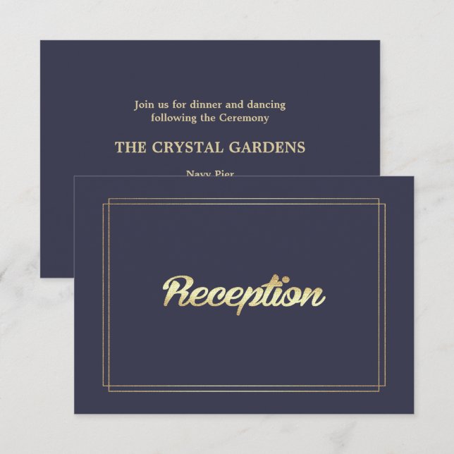 Bleu Marine | Cartes De Réception De Mariage D'Or (Devant / Derrière)