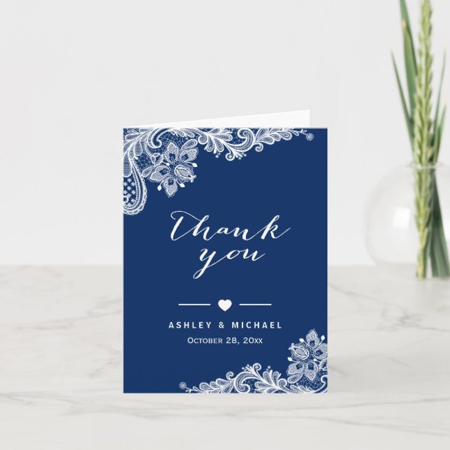 Bleu marine Élégant Blanc Dentelle Florale Merci (Devant)