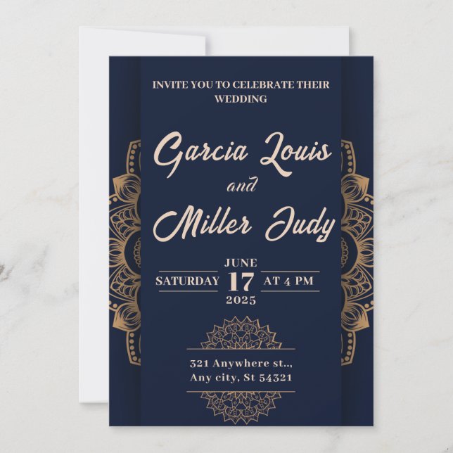 bleu marine et Faire-part de mariage de luxe or (Devant)