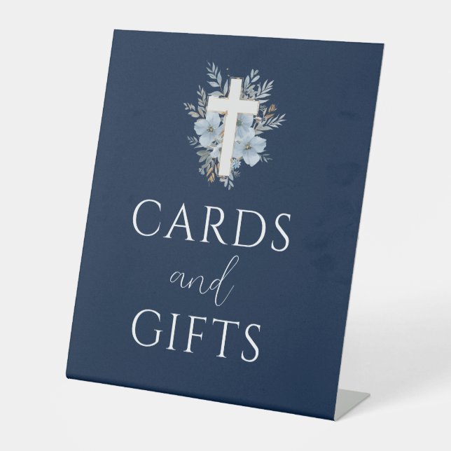 bleu marine floral baptême cartes & cadeaux signe (Recto)