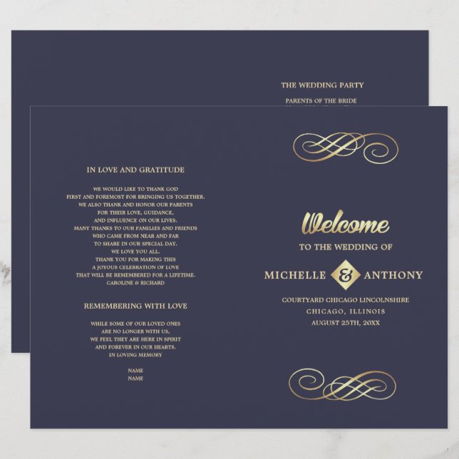 Bleu Marine | Programme de mariage plié Gold Elega (Devant / Derrière)