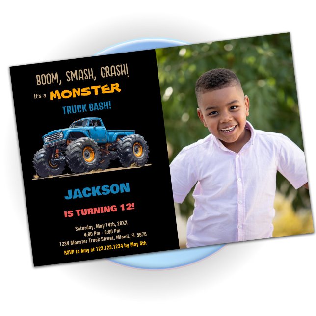 Bleu Monster Camion Invitations Anniversaire Photo (Blue Monster Truck Birthday Invitations Photo)