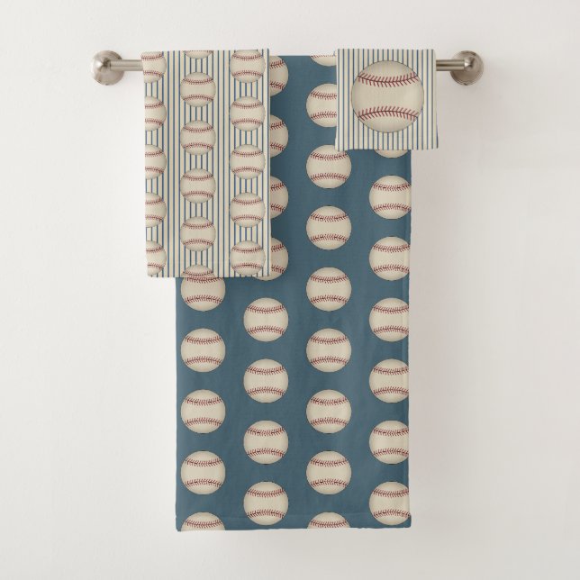 Bleu Motif de baseball serviettes de bain Set cade (En situation)