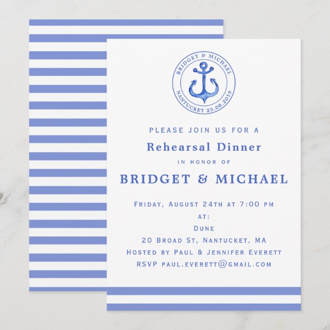 Bleu Nautique Ancre Dîner Invitation (Devant / Derrière)
