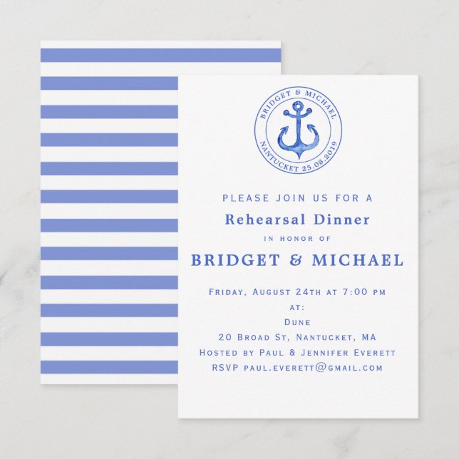 Bleu Nautique Ancre Dîner Invitation (Devant / Derrière)
