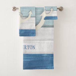 Bleu Nautique Blanc Perdu Ancre en Bois Plage