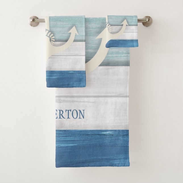 Bleu Nautique Blanc Perdu Ancre en Bois Plage (En situation)