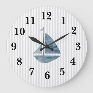 Bleu Nautique Bleu Stripe Preppy Grande Horloge